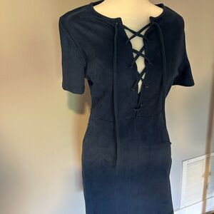 Paper Crane Blue Bodycon Dress Short Sleeve Plunge Neckline
